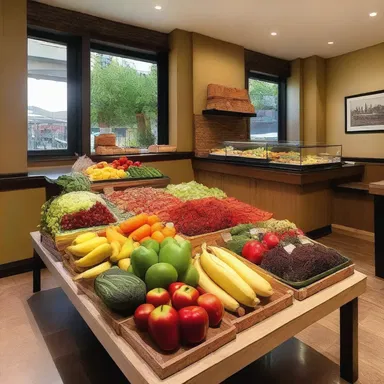 The restaurant's interior design featured a beautiful display of fresh produce, creating an appetising ambiance.
