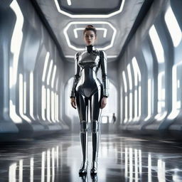 Photorealistic image of a full-length beautiful woman with a clear face, standing in a luxurious futuristic interior inspired by Star Wars aesthetic.