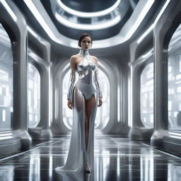 Photorealistic image of a full-length beautiful woman with a clear face, standing in a luxurious futuristic interior inspired by Star Wars aesthetic.