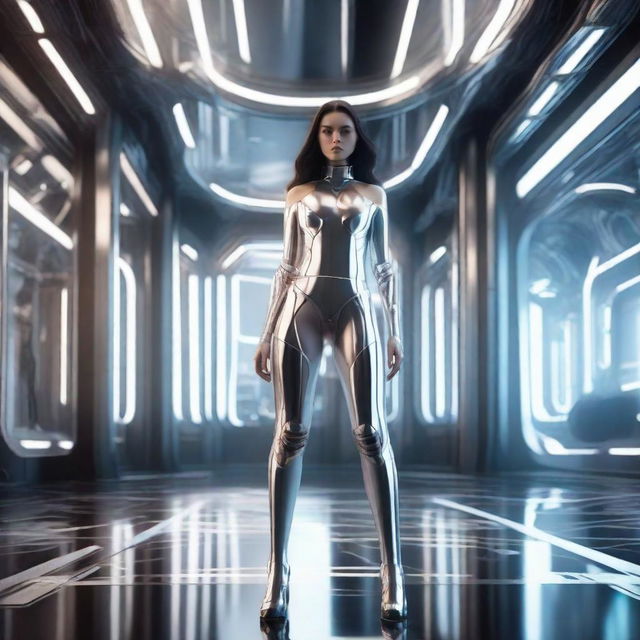 Photorealistic image of a full-length beautiful woman with a clear face, standing in a luxurious futuristic interior inspired by Star Wars aesthetic.