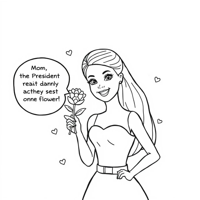 A coloring book page featuring a stylized, comic-like Barbie character, outlined in a bold black solid line
