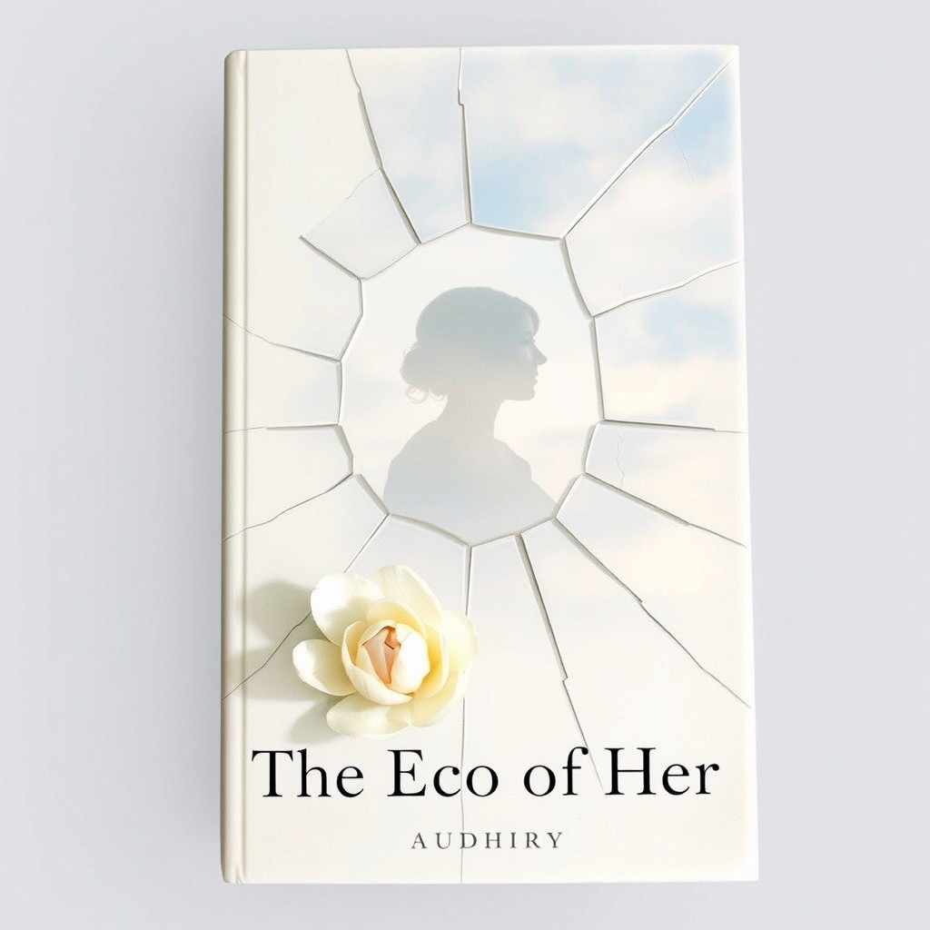 A minimalist book cover design for "The Echo of Her" featuring a central image of a shattered mirror or glass pane with delicate cracks, spreading outward