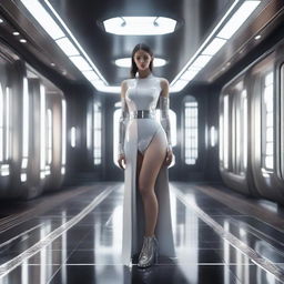 Photorealistic image of a full-length beautiful woman with a clear face, standing in a luxurious futuristic interior inspired by Star Wars aesthetic.