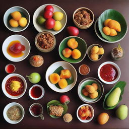 Traditional sweet dishes from Jogjakarta, Indonesia, beautifully presented, showcasing the region's distinct use of vibrant fruits, rich syrups, and local ingredients.