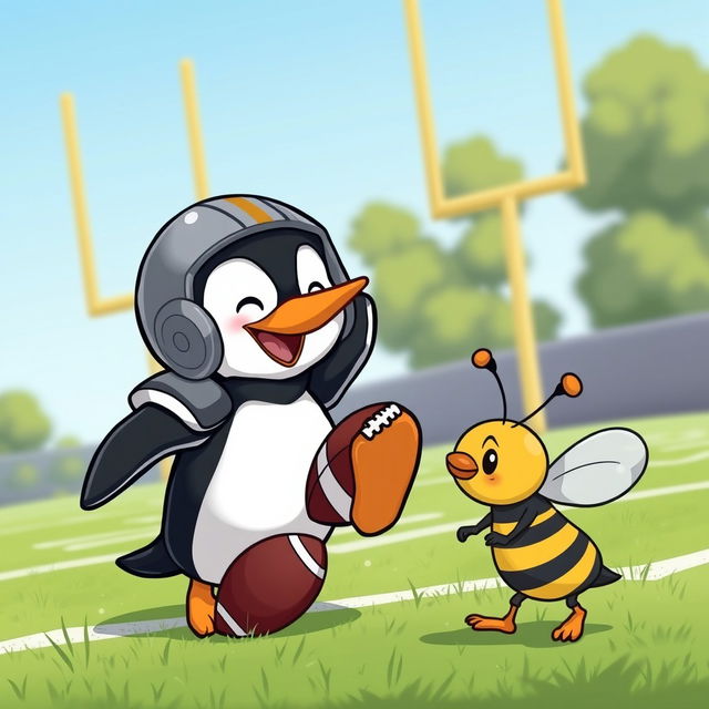 A whimsical scene featuring a cartoonish penguin joyfully playing American football