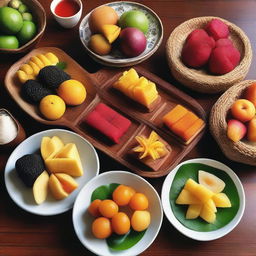 Traditional sweet dishes from Jogjakarta, Indonesia, beautifully presented, showcasing the region's distinct use of vibrant fruits, rich syrups, and local ingredients.