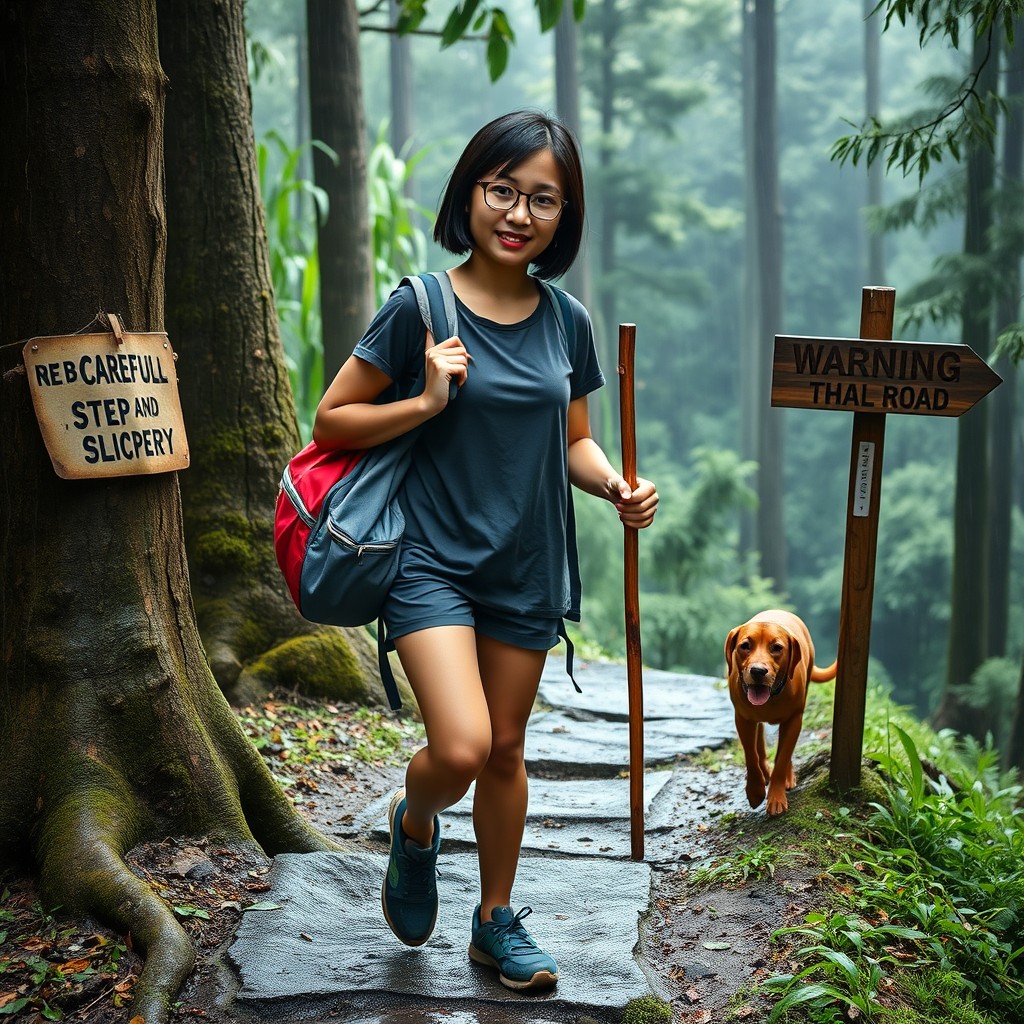 A realistic photo-like image of a 23-year-old Indonesian woman with a beautiful face and ideal body, featuring short hair and red lips