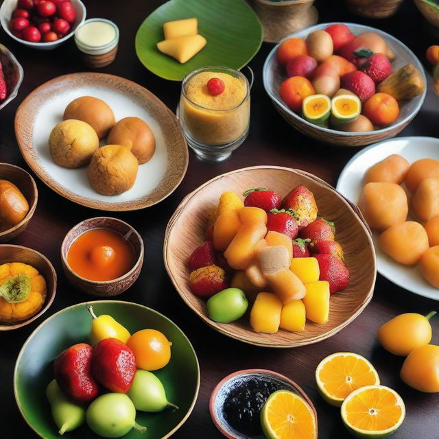 Traditional sweet dishes from Jogjakarta, Indonesia, beautifully presented, showcasing the region's distinct use of vibrant fruits, rich syrups, and local ingredients.