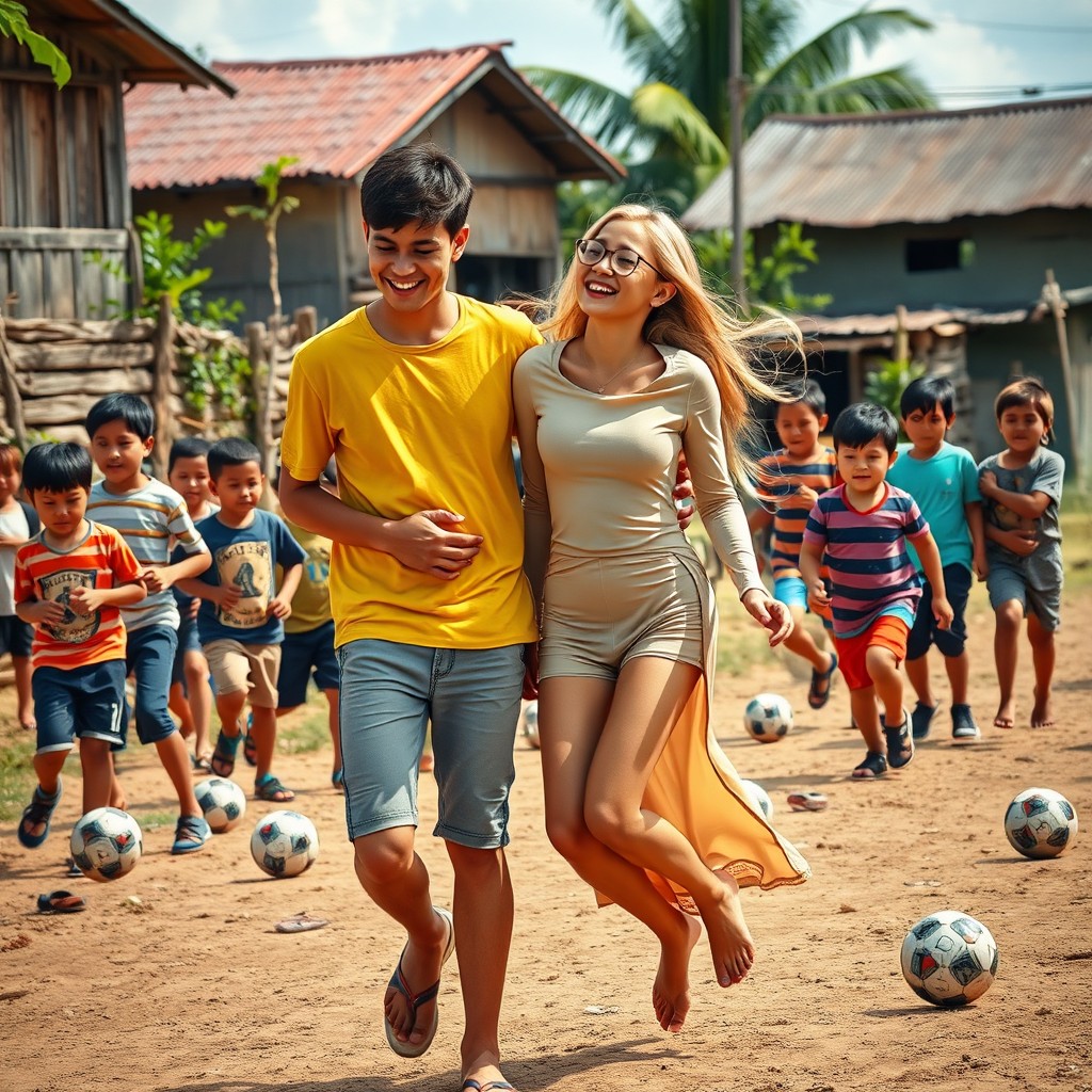 A romantic scene set in rural Indonesia during a sunny afternoon, featuring a young man in a yellow t-shirt and short jeans, happily playing with a beautiful young woman with long blonde hair, wearing glasses and red lips, dressed in a long tight shirt and shorts