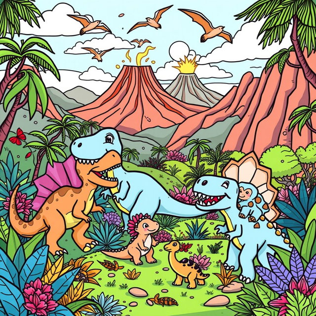 A fun and engaging dinosaur adventure coloring book illustration for children aged 3 to 12 years