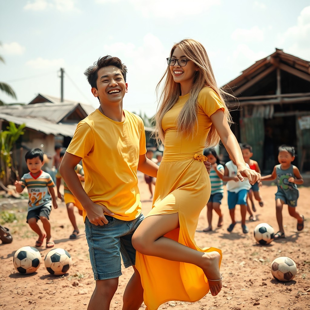 A romantic scene set in rural Indonesia during a sunny afternoon, depicting a young man in a yellow t-shirt and short jeans, joyfully playing with a beautiful woman who has long blonde hair, wears glasses, and sports red lips