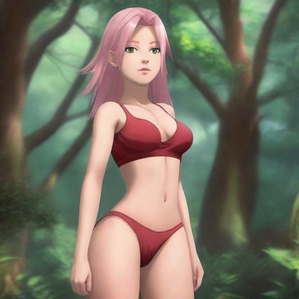 A high-resolution, hyperrealistic digital painting of Sakura Haruno from Naruto standing in a lush jungle