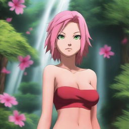 A high-resolution, hyperrealistic digital painting of Sakura Haruno from Naruto standing in a lush jungle