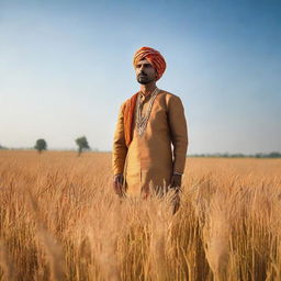 A man clothed in traditional Indian attire standing amidst lush, golden wheat fields under a clear blue sky.