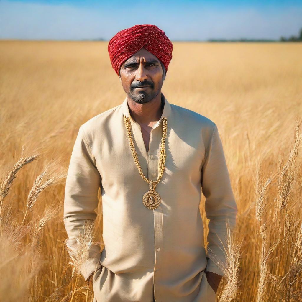 A man clothed in traditional Indian attire standing amidst lush, golden wheat fields under a clear blue sky.