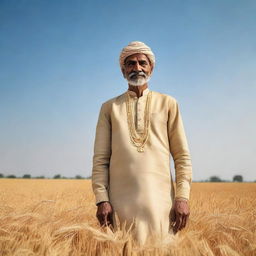 A man clothed in traditional Indian attire standing amidst lush, golden wheat fields under a clear blue sky.