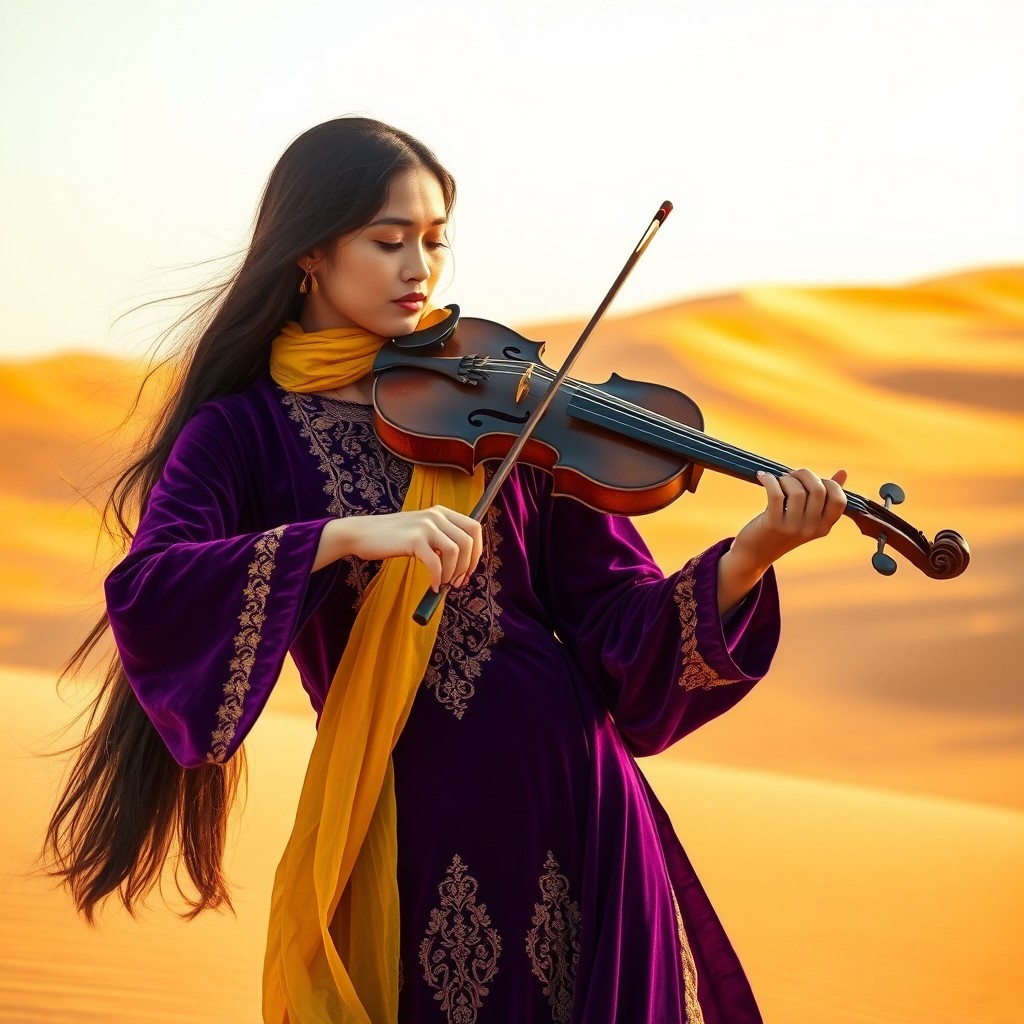 A long-haired Indonesian woman elegantly playing the violin in a vast desert setting