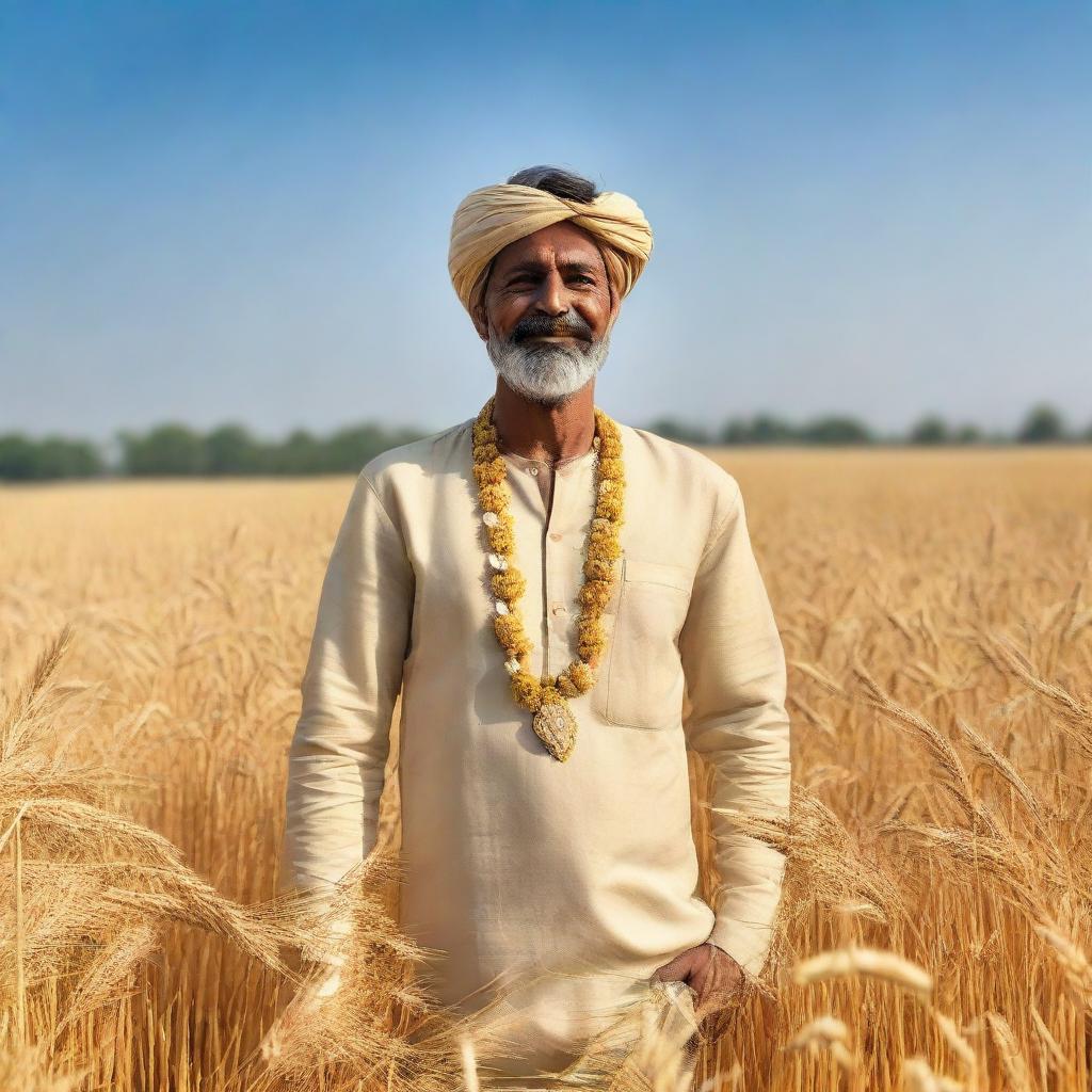 A man clothed in traditional Indian attire standing amidst lush, golden wheat fields under a clear blue sky.