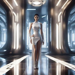 Photorealistic image of a full-length beautiful woman with a clear face and symmetrical eyes, standing in a luxurious futuristic interior inspired by the Star Wars aesthetic.