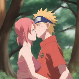 A captivating, high-resolution digital painting capturing a tender moment between Sakura Haruno and Naruto Uzumaki from Naruto