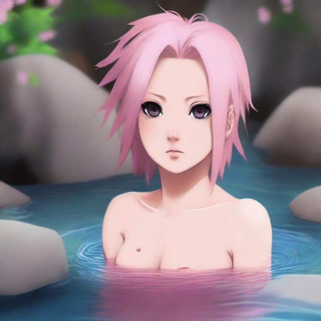 A tastefully done, high-resolution digital painting featuring Sakura Haruno from Naruto in a hot spring