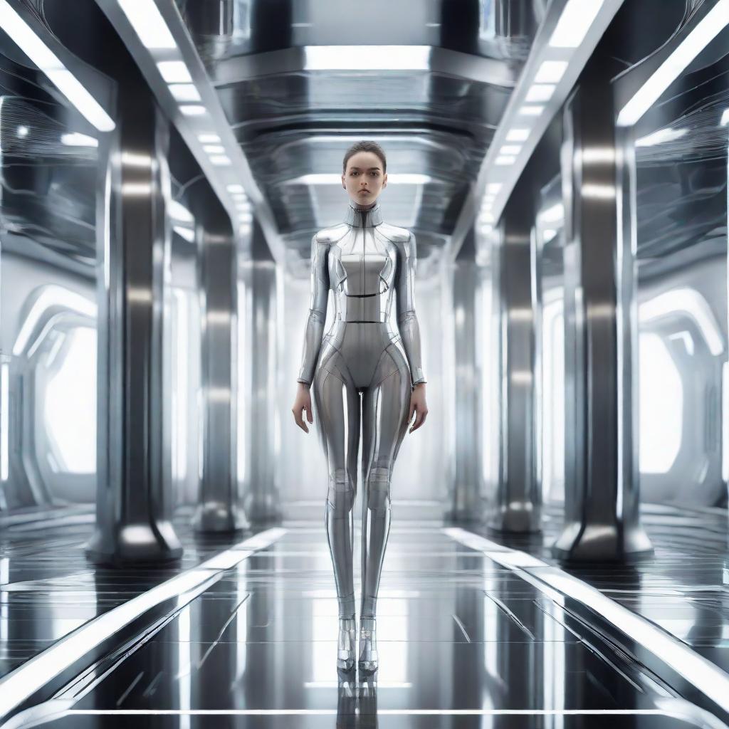 Photorealistic image of a full-length beautiful woman with a clear face and symmetrical eyes, standing in a luxurious futuristic interior inspired by the Star Wars aesthetic.