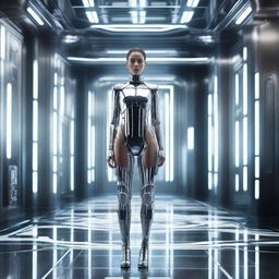 Photorealistic image of a full-length beautiful woman with a clear face and symmetrical eyes, standing in a luxurious futuristic interior inspired by the Star Wars aesthetic.