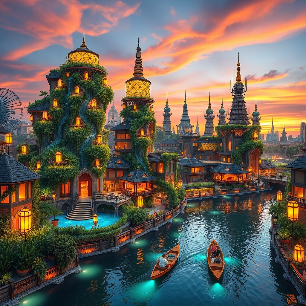 A vibrant and futuristic cityscape in Myanmar, integrating a hydropunk system