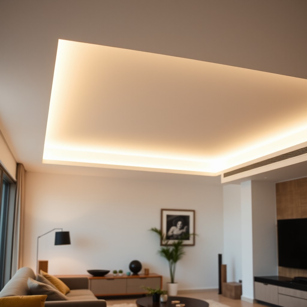 A modern interior showcasing a recessed linear light fixture elegantly installed in the ceiling