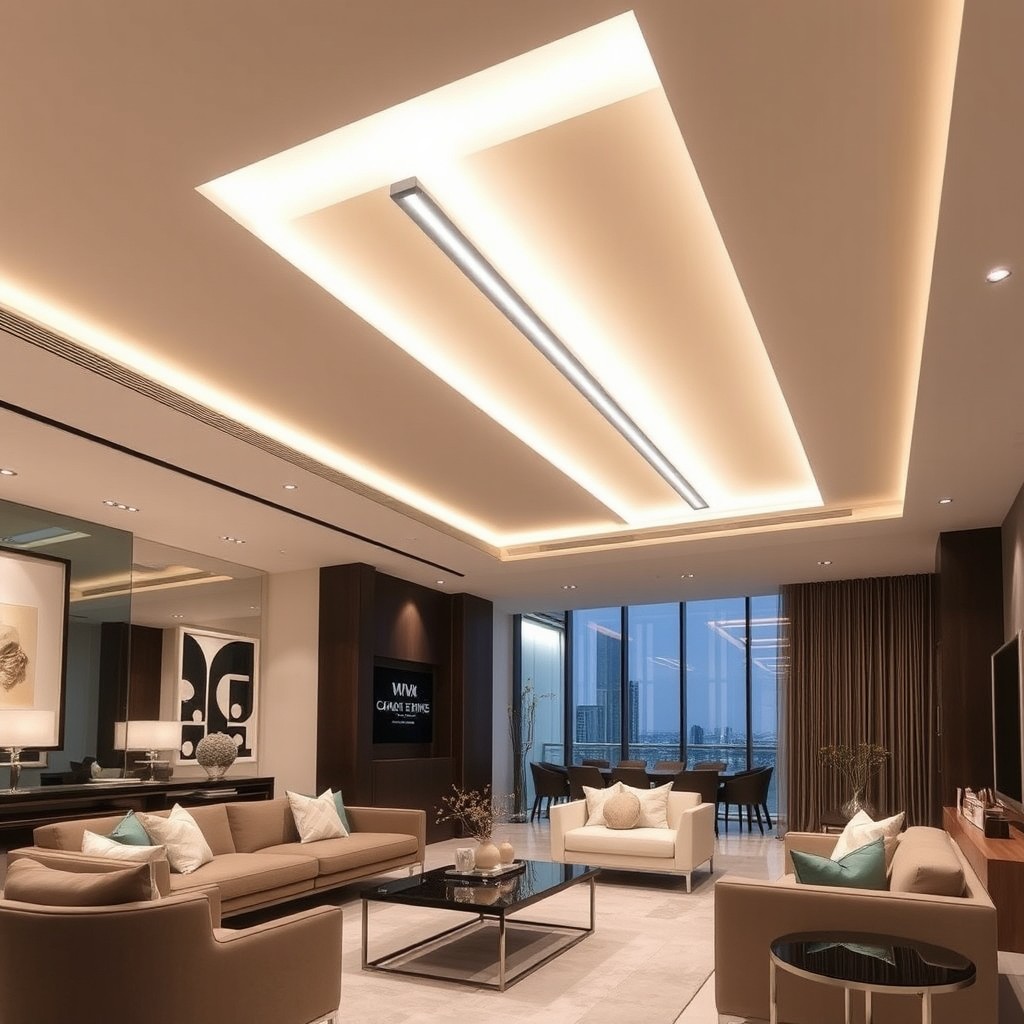 A modern interior space featuring a stunning ceiling light design that showcases a linear light fixture