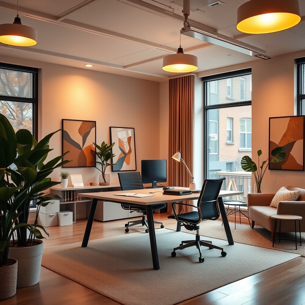 A modern office interior featuring warm lighting, showcasing a sleek desk with a contemporary design, ergonomic chair, and large windows allowing natural light to flow in