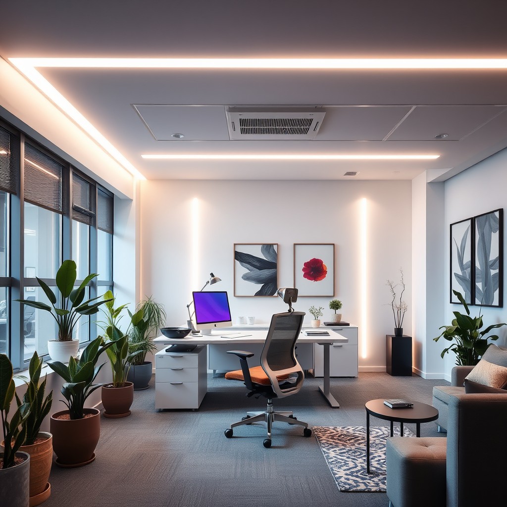 A modern office interior featuring innovative lighting lines that illuminate the space