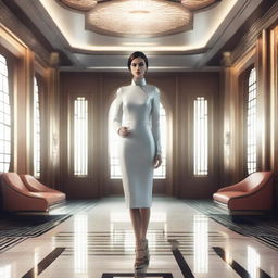 Photorealistic image of a full-length beautiful woman with clear skin and symmetrical eyes, standing in a luxurious interior designed in a retro-futuristic style.