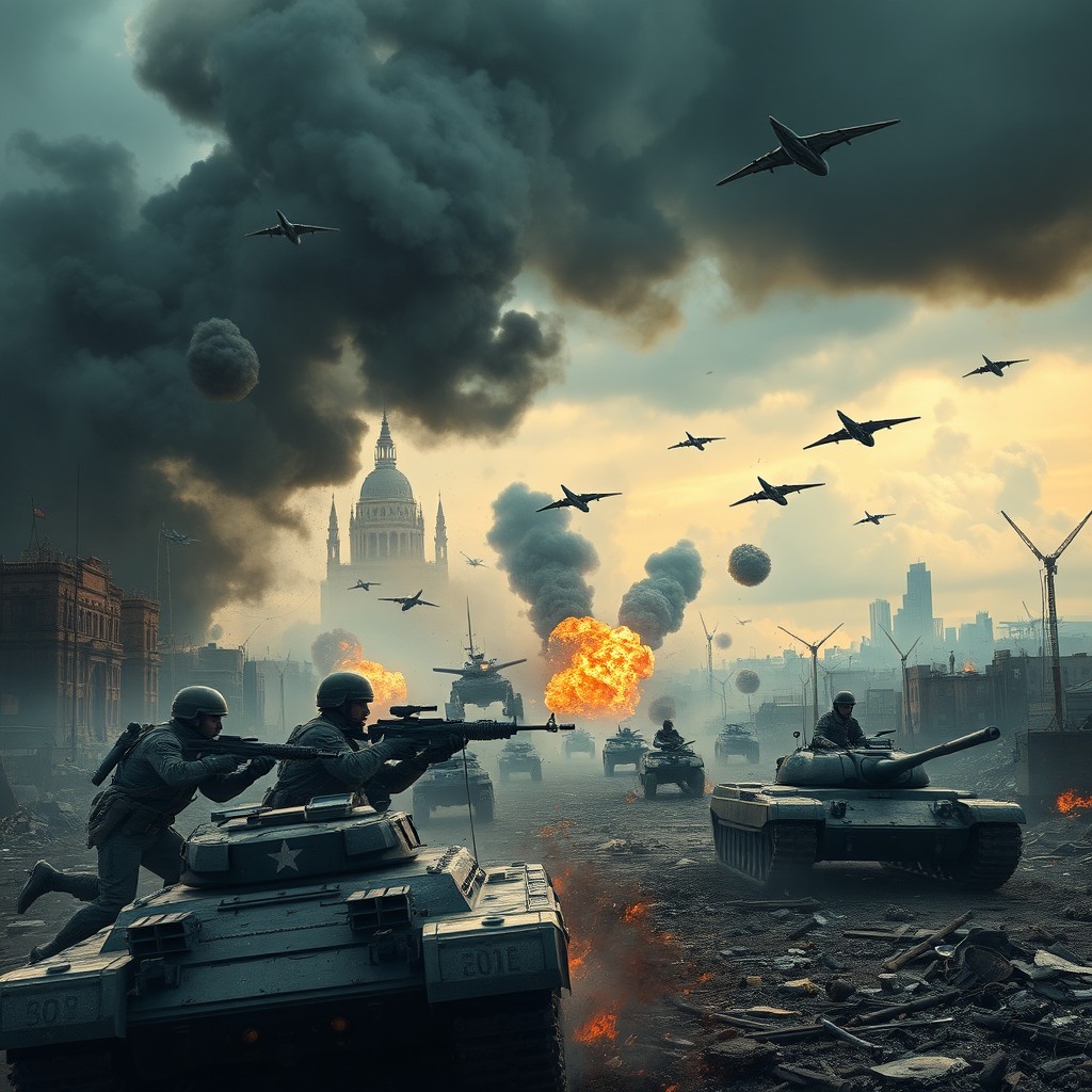 A dramatic scene depicting World War III, showcasing intense military conflict with soldiers in tactical gear, combat tanks, and fighter jets flying overhead against a backdrop of urban destruction