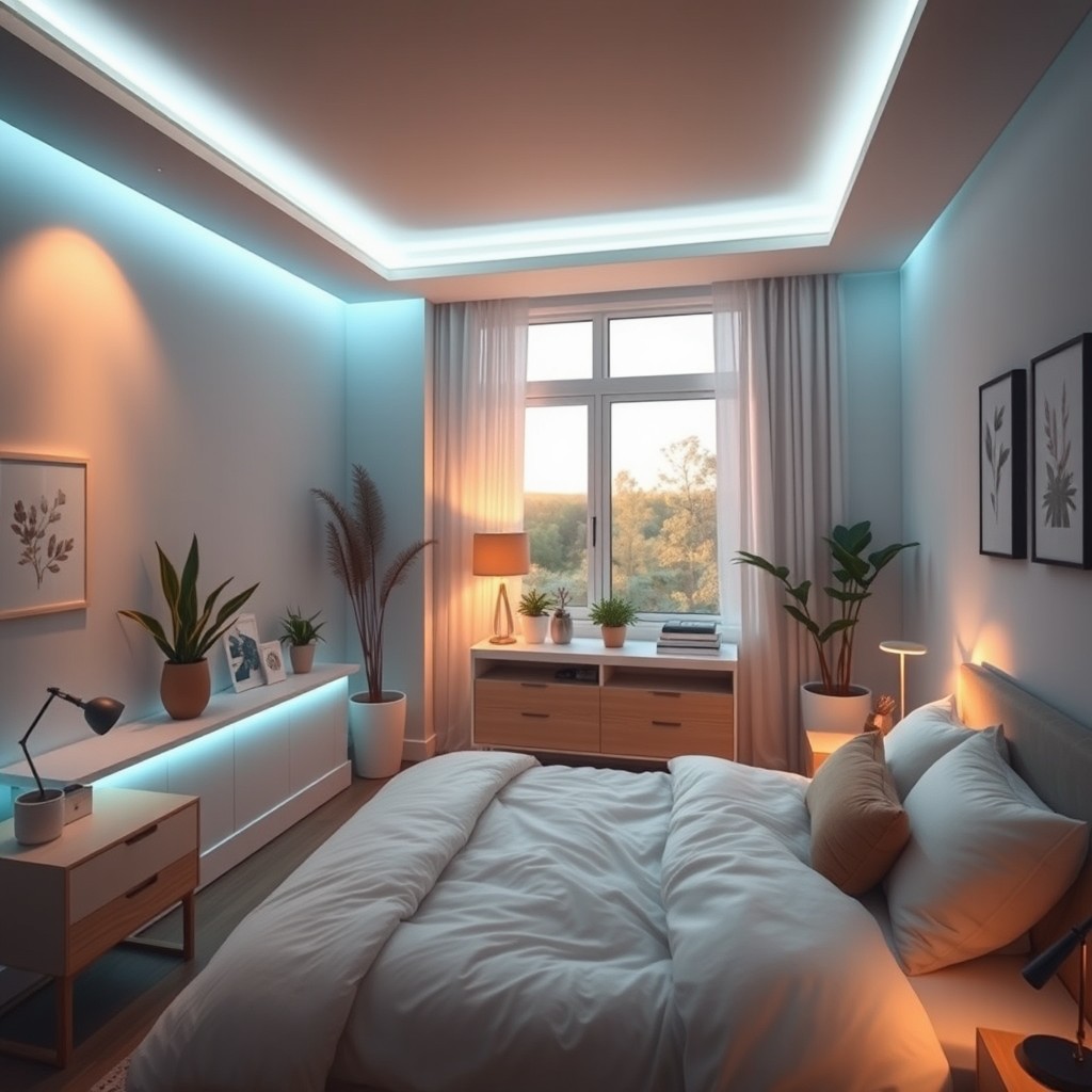A beautifully lit bedroom with soothing colors, featuring soft ambient lighting