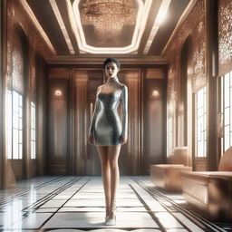 Photorealistic image of a full-length beautiful woman with clear skin and symmetrical eyes, standing in a luxurious interior designed in a retro-futuristic style.