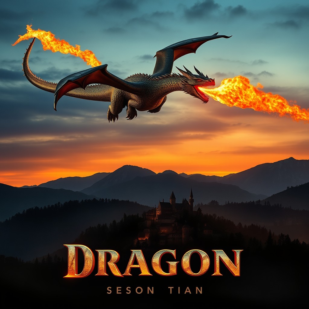 A cinematic movie poster featuring a dramatic fire-breathing dragon soaring above a medieval landscape