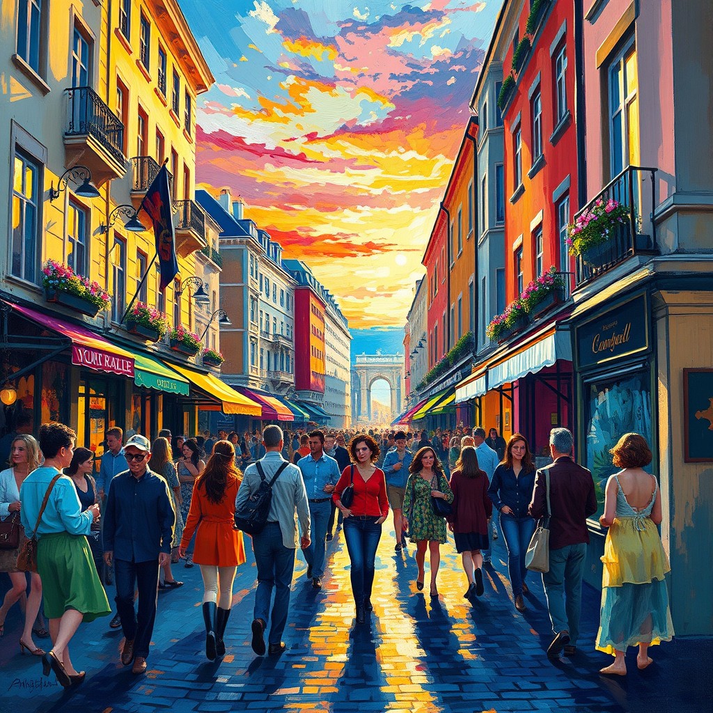An Impressionist painting depicting a bustling cityscape filled with vibrant colors and dynamic brush strokes