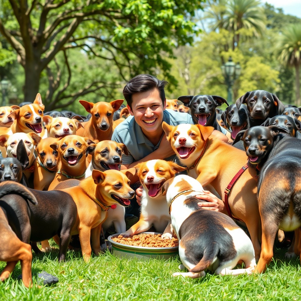 A heartwarming scene of a person joyfully feeding 100 street dogs in a vibrant outdoor setting