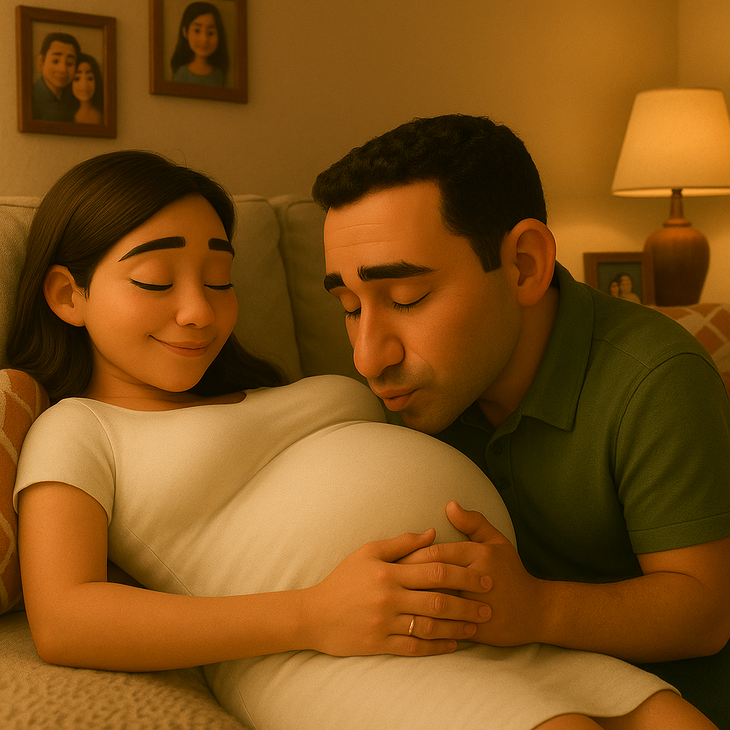 Con esta imagen mantén la consistencia con los personajes que sean idénticos en cuanto a Diseño y estilo, crea una nueva imagen con estos dónde el hombre este dándole un beso en la pancita a la mujer y ella está Acostada en un mueble de la sala, ella con ropa blanca y el con camisa Verde. La imágen debe mostrar gran parte de la sala