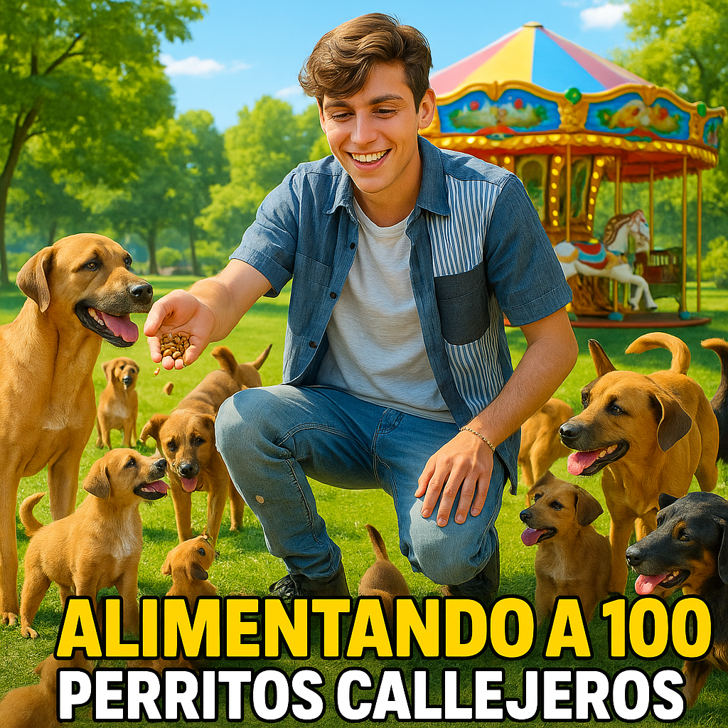 hazme una miniatura para youtube que represente el titulo que es Alimentando a 100 perritos callejeros, trata de poner perritos y usa mira cara de la imagen para yo aparecer en la miniatura con los perritos
