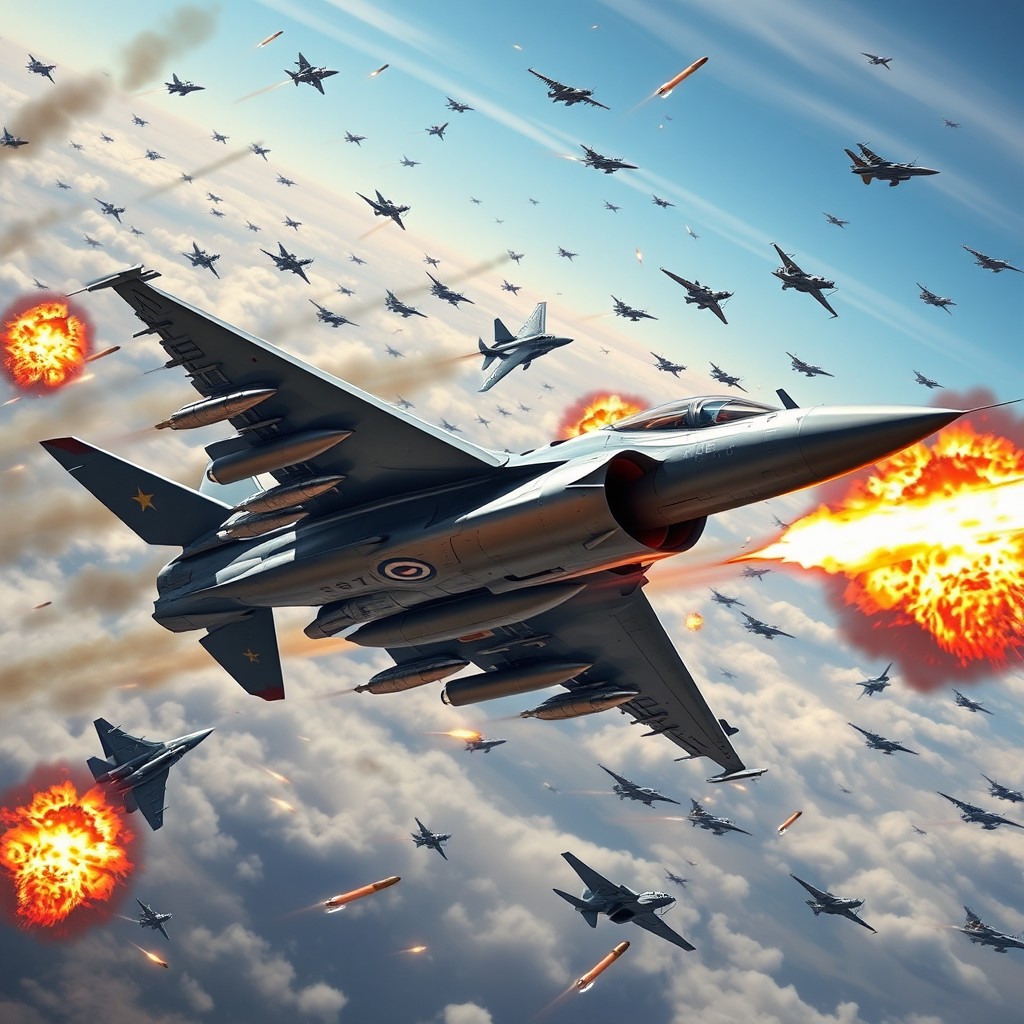 A thrilling depiction of an intense aerial dogfight between Indian and Pakistani fighter jets, featuring a Chengdu J-10C and a Dassault Rafale, surrounded by numerous aircraft in action