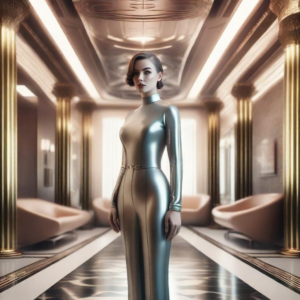 Photorealistic image of a full-length beautiful woman with clear skin and symmetrical eyes, standing in a luxurious interior designed in a retro-futuristic style.