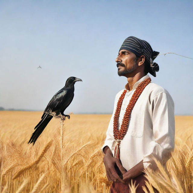 A man dressed in traditional Indian attire, standing in golden wheat fields with a crow perched on his shoulder, under a clear sky.