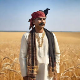 A man dressed in traditional Indian attire, standing in golden wheat fields with a crow perched on his shoulder, under a clear sky.