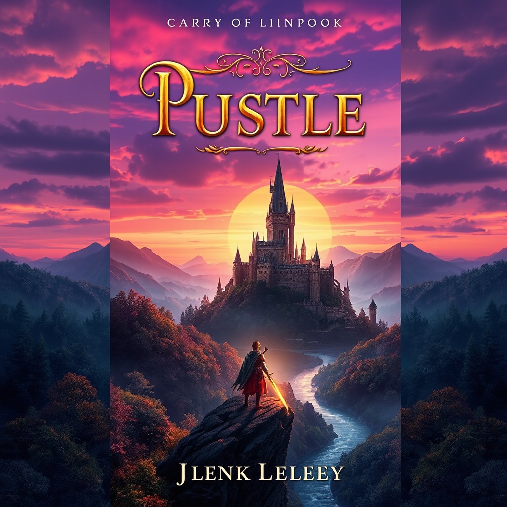 A stunning book cover design featuring a mystical landscape with a towering, ancient castle surrounded by lush, enchanted forests and shimmering rivers