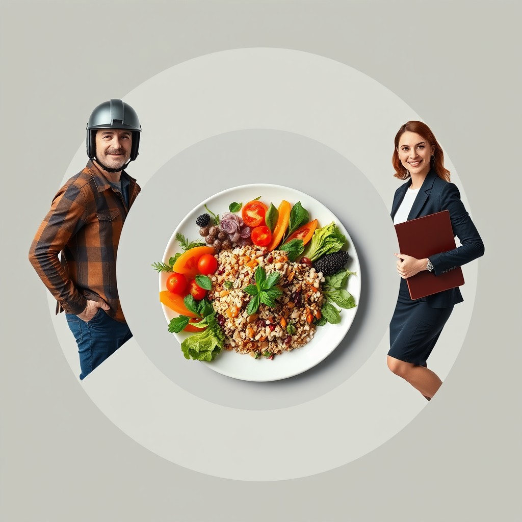 A circular composition featuring a healthy meal on a plate at the center, beautifully arranged with colorful vegetables, grains, and a garnish of fresh herbs