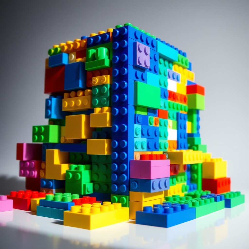 A vibrant, colorful LEGO creation featuring an array of uniquely designed pieces that incorporate a specific corporate color scheme