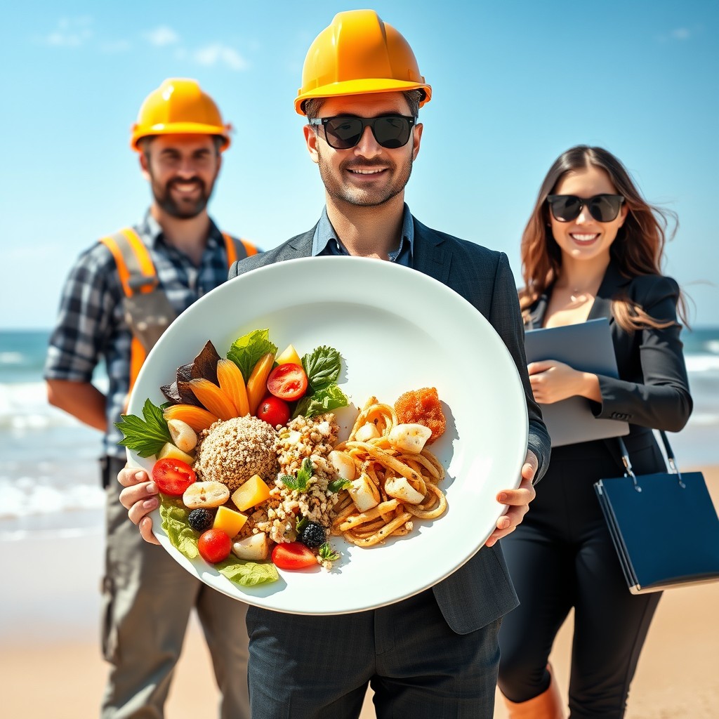 A vibrant scene featuring a plate divided in half; one side showcases a beautifully arranged healthy meal with colorful vegetables, quinoa, and fresh fruits, while the other half features a delicious gourmet dish like a beautifully plated seafood delicacy or rich pasta