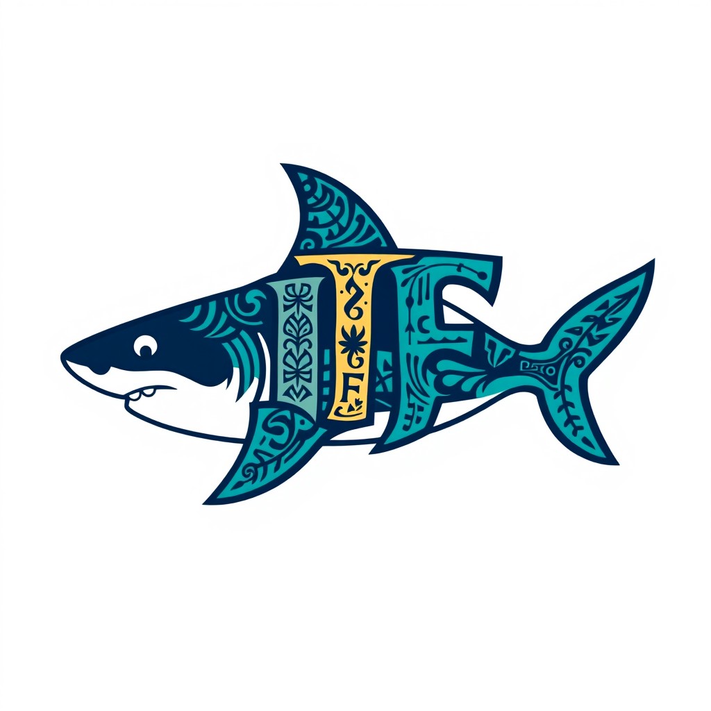 A creative logo design featuring the letters 'J' and 'F' artistically incorporated into the shape of a Polynesian shark